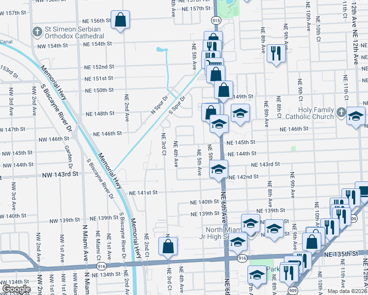 map of restaurants, bars, coffee shops, grocery stores, and more near 450 Northeast 145th Street in Miami