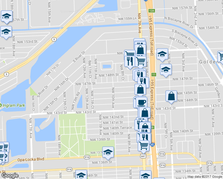 map of restaurants, bars, coffee shops, grocery stores, and more near 14551 Northwest 10th Avenue in Miami