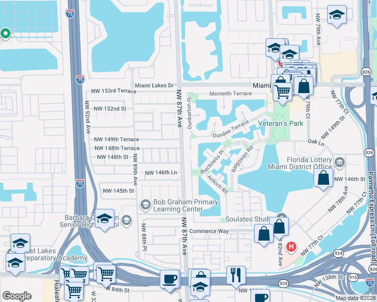 map of restaurants, bars, coffee shops, grocery stores, and more near 14861 Dunbarton Place in Miami Lakes