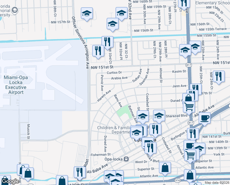 map of restaurants, bars, coffee shops, grocery stores, and more near 801 Jann Avenue in Opa-locka