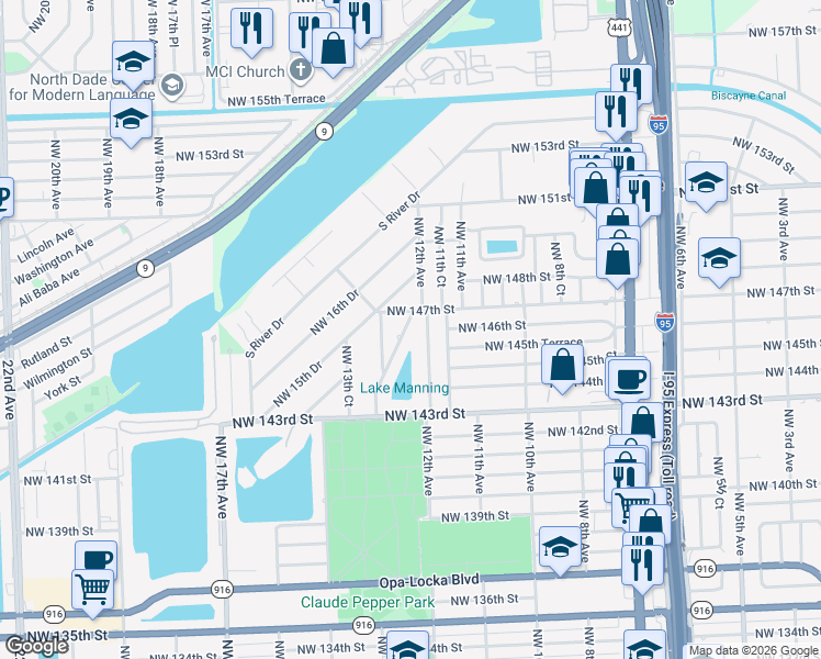 map of restaurants, bars, coffee shops, grocery stores, and more near 14600 Northwest 12th Avenue in Miami