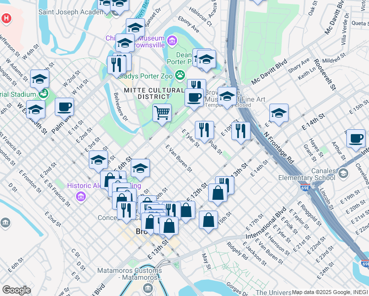 map of restaurants, bars, coffee shops, grocery stores, and more near 854 East Harrison Street in Brownsville