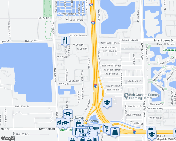 map of restaurants, bars, coffee shops, grocery stores, and more near 9398 West 32nd Lane in Hialeah