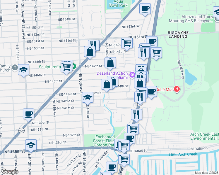 map of restaurants, bars, coffee shops, grocery stores, and more near 14300 Northeast 18th Avenue in North Miami