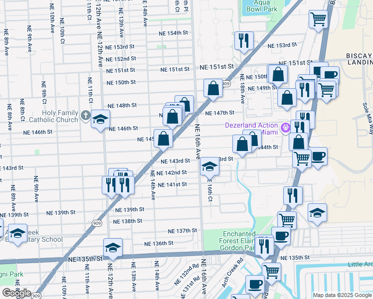map of restaurants, bars, coffee shops, grocery stores, and more near 1590 Northeast 144th Street in Miami
