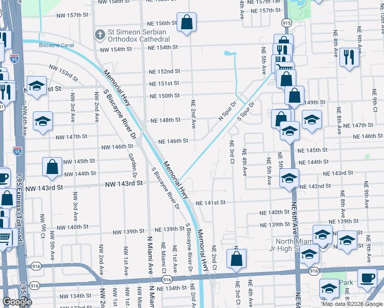 map of restaurants, bars, coffee shops, grocery stores, and more near 14500 Northeast 2nd Avenue in Miami