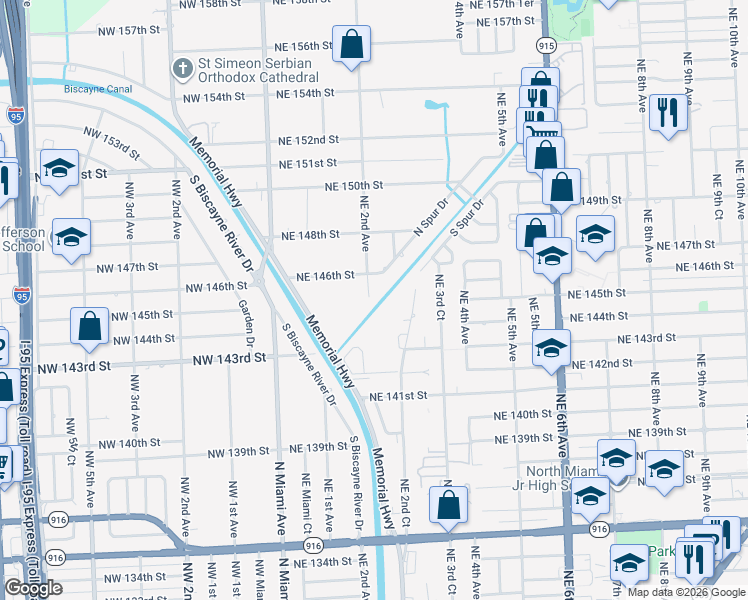 map of restaurants, bars, coffee shops, grocery stores, and more near 14410 Northeast 2nd Court in Miami
