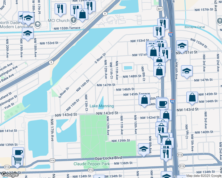 map of restaurants, bars, coffee shops, grocery stores, and more near 14591 Northwest 11th Court in Miami