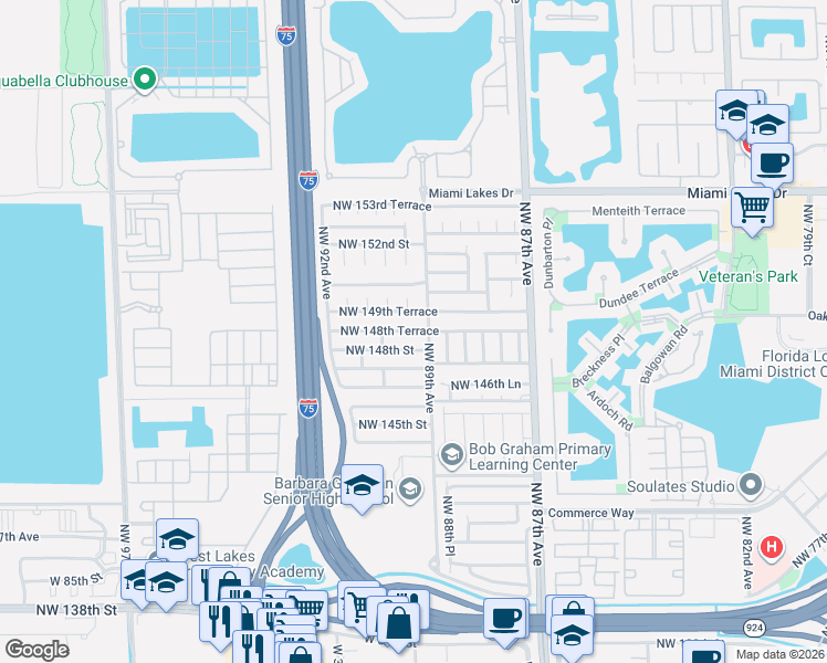map of restaurants, bars, coffee shops, grocery stores, and more near 8975 Northwest 148th Street in Hialeah