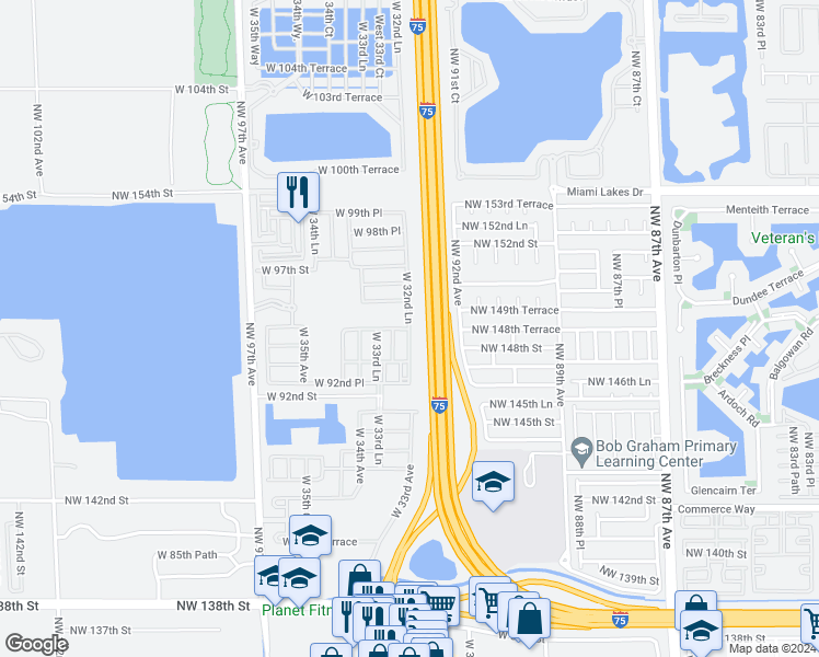 map of restaurants, bars, coffee shops, grocery stores, and more near 9380 West 32nd Lane in Hialeah