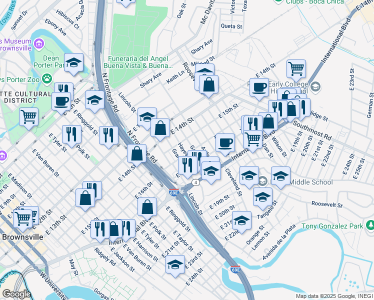 map of restaurants, bars, coffee shops, grocery stores, and more near 2100-2198 East 16th Street in Brownsville