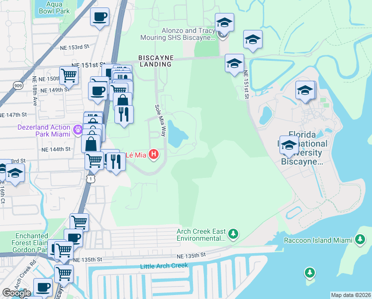map of restaurants, bars, coffee shops, grocery stores, and more near 2411 Laguna Circle in North Miami