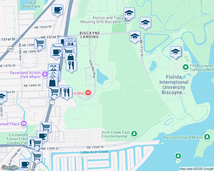 map of restaurants, bars, coffee shops, grocery stores, and more near 2411 Laguna Circle in North Miami