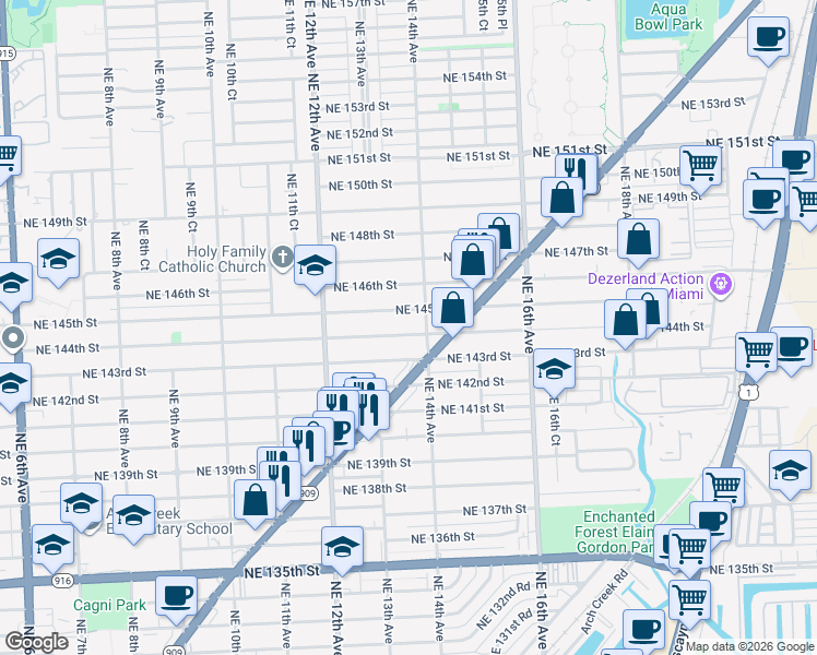 map of restaurants, bars, coffee shops, grocery stores, and more near 1362 Northeast 144th Street in Miami