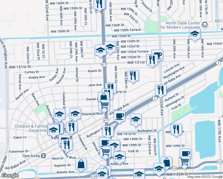 map of restaurants, bars, coffee shops, grocery stores, and more near 14701 Northwest 27th Avenue in Opa-locka