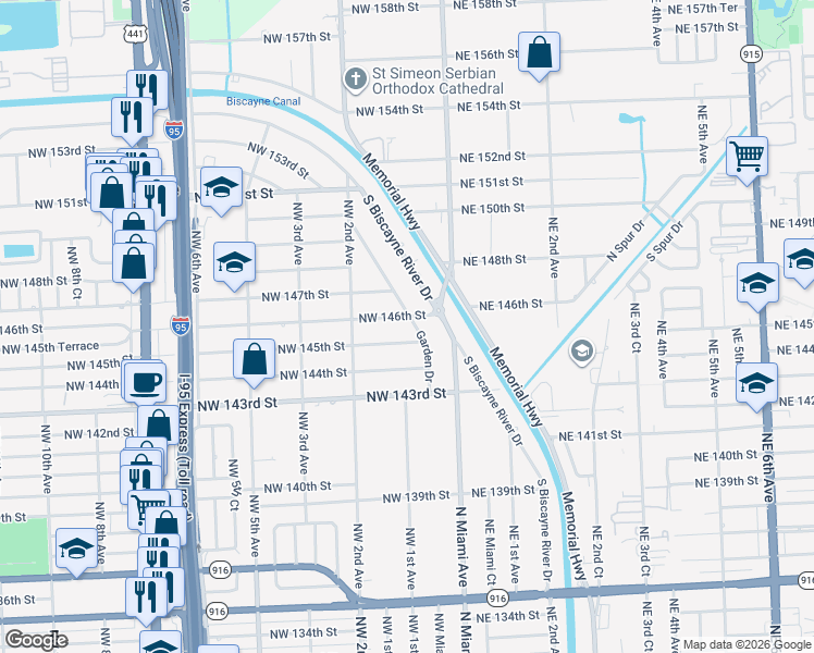 map of restaurants, bars, coffee shops, grocery stores, and more near 117 Northwest 145th Street in Miami