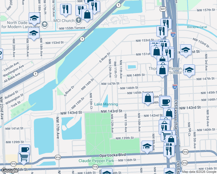 map of restaurants, bars, coffee shops, grocery stores, and more near 14600 Northwest 12th Avenue in Miami