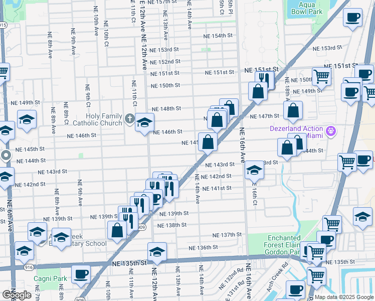 map of restaurants, bars, coffee shops, grocery stores, and more near 1362 Northeast 144th Street in Miami