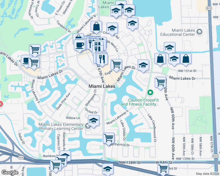 map of restaurants, bars, coffee shops, grocery stores, and more near 14740 Harris Place in Miami Lakes