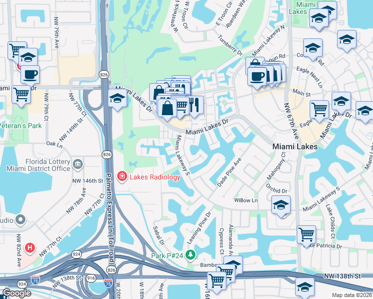 map of restaurants, bars, coffee shops, grocery stores, and more near 7260 Jacaranda Lane in Hialeah