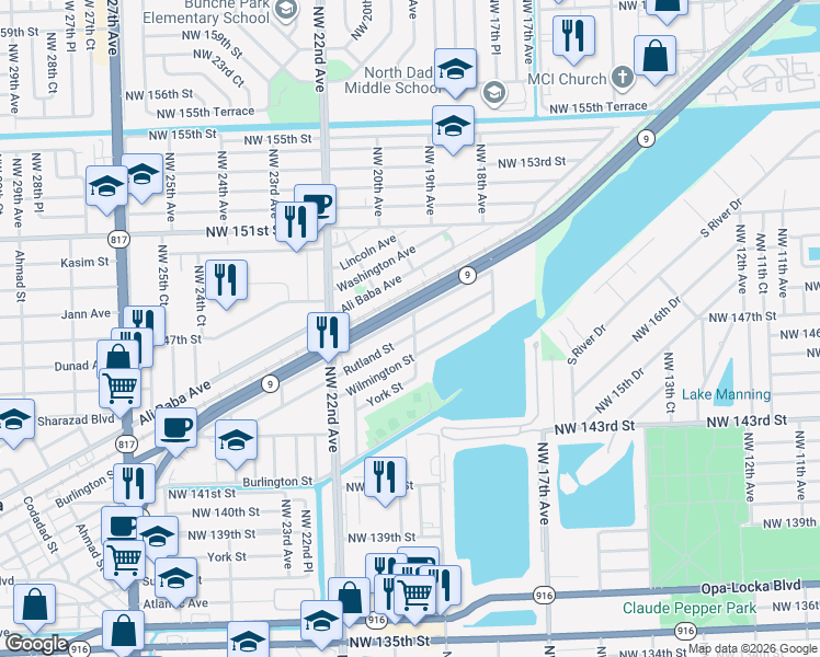map of restaurants, bars, coffee shops, grocery stores, and more near 2061 Rutland Street in Opa-locka