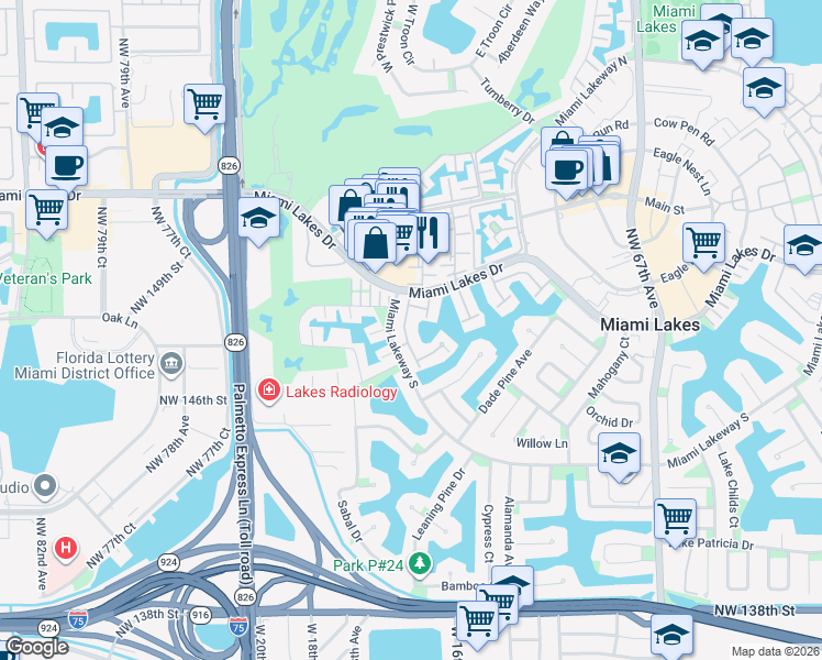 map of restaurants, bars, coffee shops, grocery stores, and more near 7260 Jacaranda Lane in Hialeah