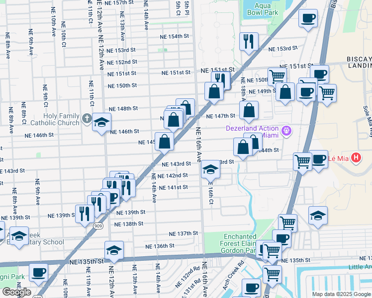 map of restaurants, bars, coffee shops, grocery stores, and more near 1500 Northeast 144th Street in Miami