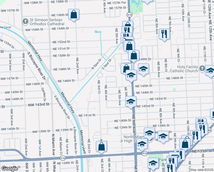 map of restaurants, bars, coffee shops, grocery stores, and more near 14430 Northeast 4th Avenue in Miami