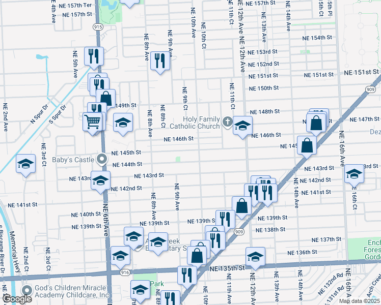 map of restaurants, bars, coffee shops, grocery stores, and more near 995 Northeast 144th Street in North Miami