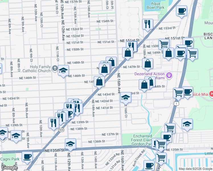 map of restaurants, bars, coffee shops, grocery stores, and more near 1500 Northeast 144th Street in Miami