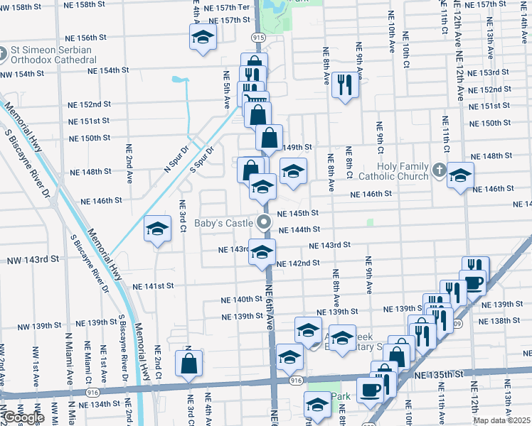 map of restaurants, bars, coffee shops, grocery stores, and more near in North Miami