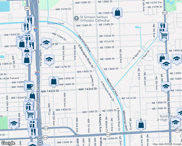 map of restaurants, bars, coffee shops, grocery stores, and more near 14501 Garden Drive in Miami