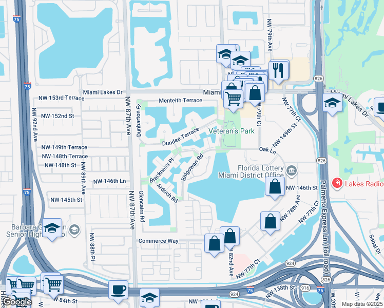 map of restaurants, bars, coffee shops, grocery stores, and more near 14824 Balgowan Road in Miami Lakes