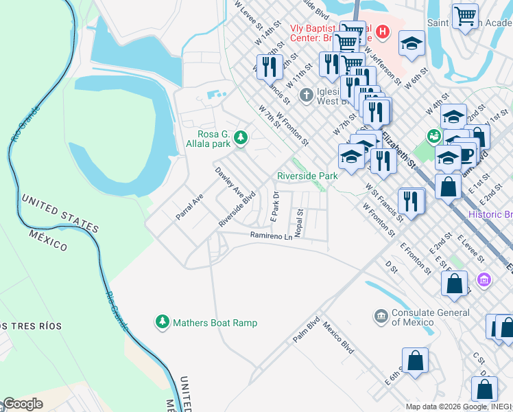 map of restaurants, bars, coffee shops, grocery stores, and more near 115 East Broadway Street in Brownsville