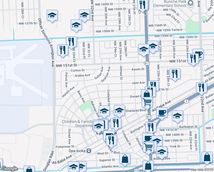 map of restaurants, bars, coffee shops, grocery stores, and more near 1046 Sharar Avenue in Opa-locka