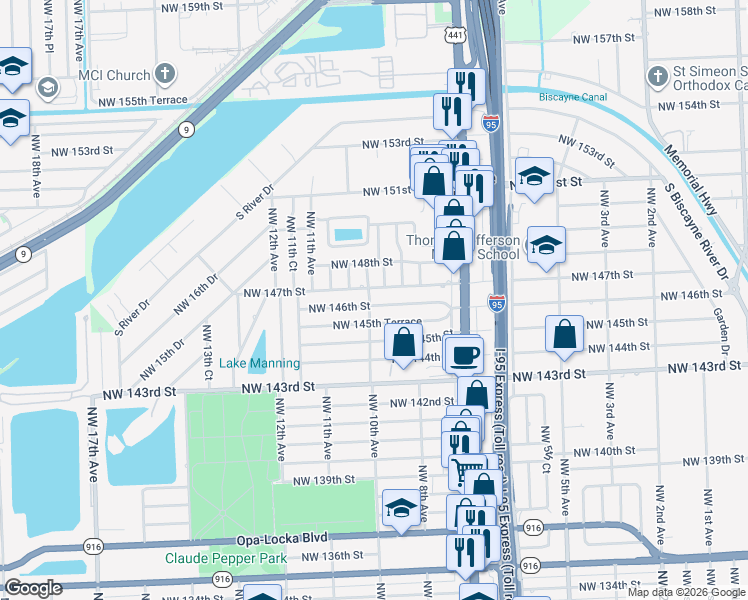 map of restaurants, bars, coffee shops, grocery stores, and more near 14551 Northwest 10th Avenue in Miami