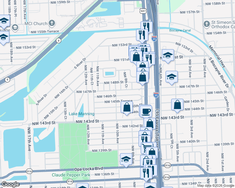 map of restaurants, bars, coffee shops, grocery stores, and more near 14551 Northwest 10th Avenue in Miami