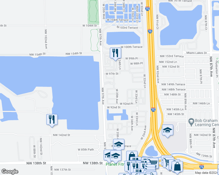 map of restaurants, bars, coffee shops, grocery stores, and more near 3567 West 94th Terrace in Hialeah