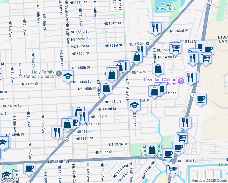 map of restaurants, bars, coffee shops, grocery stores, and more near 1500 Northeast 144th Street in Miami