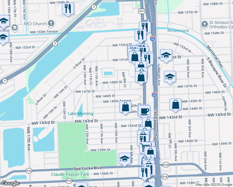 map of restaurants, bars, coffee shops, grocery stores, and more near 14551 Northwest 10th Avenue in Miami
