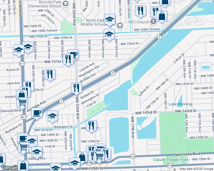 map of restaurants, bars, coffee shops, grocery stores, and more near 1961 Wilmington Street in Opa-locka