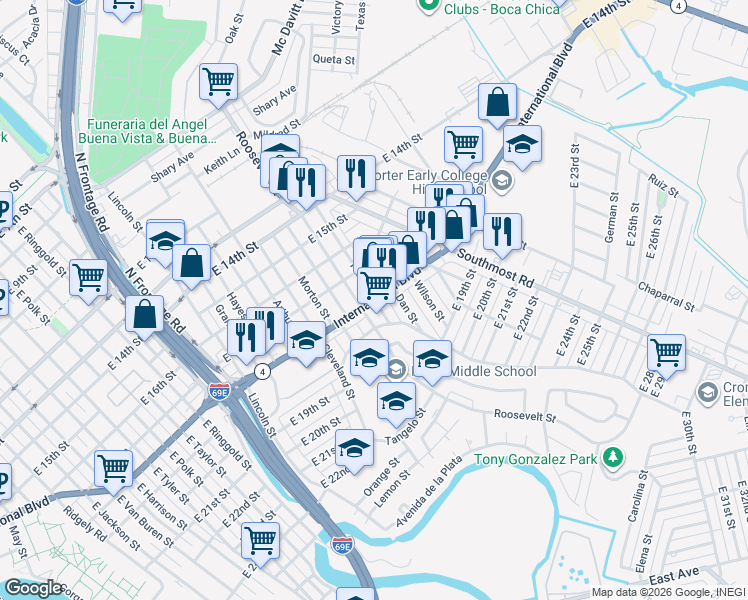 map of restaurants, bars, coffee shops, grocery stores, and more near 1800 Taft Street in Brownsville