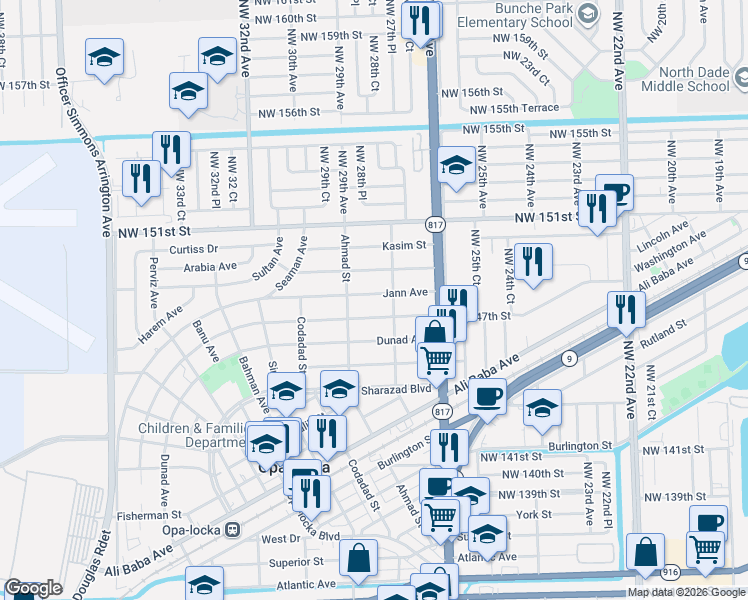 map of restaurants, bars, coffee shops, grocery stores, and more near 1230 Peri Street in Opa-locka