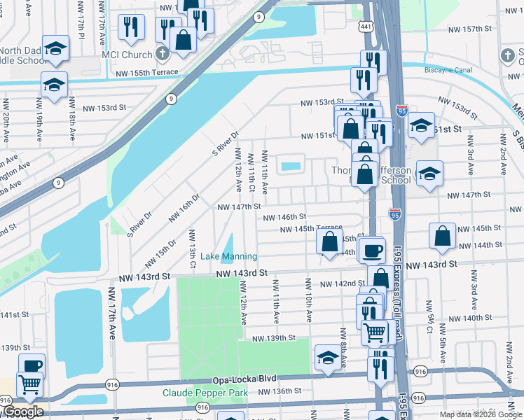 map of restaurants, bars, coffee shops, grocery stores, and more near 14740 Northwest 11th Avenue in Miami