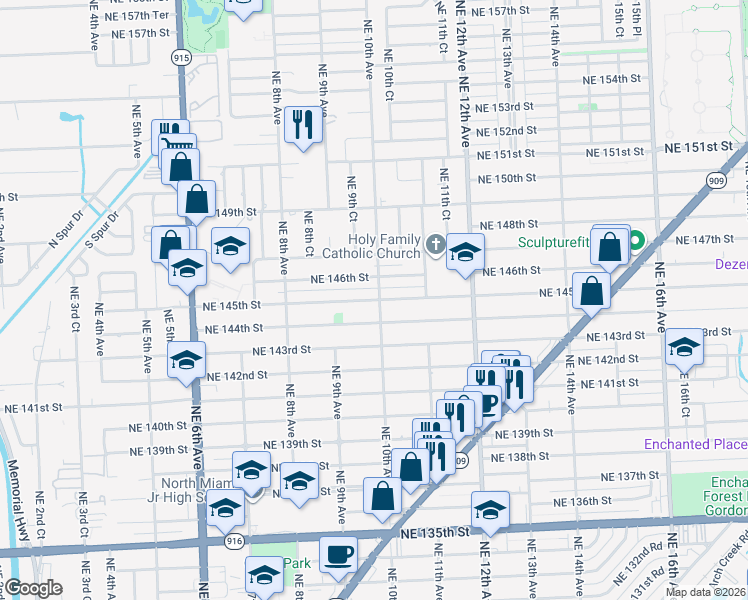 map of restaurants, bars, coffee shops, grocery stores, and more near 990 Northeast 146th Street in North Miami