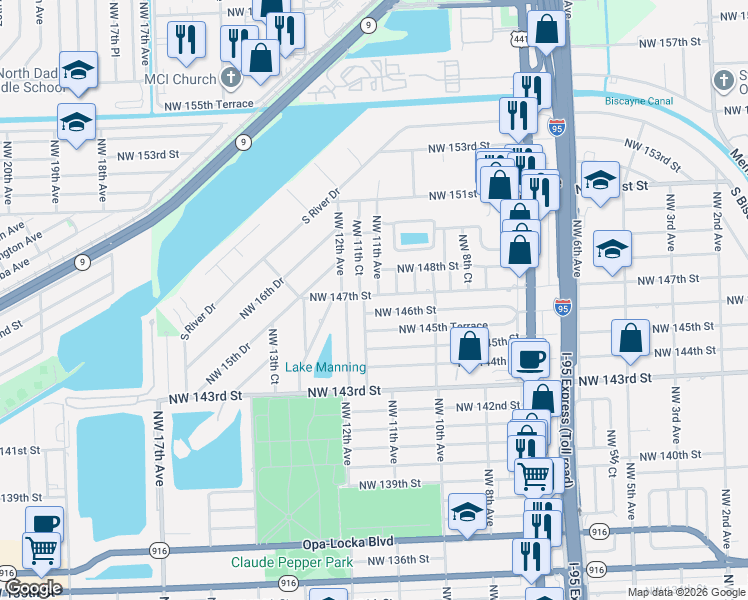 map of restaurants, bars, coffee shops, grocery stores, and more near 14740 Northwest 11th Avenue in Miami