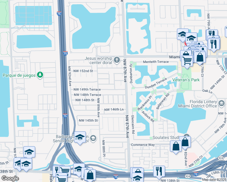map of restaurants, bars, coffee shops, grocery stores, and more near 8760 Northwest 150th Street in Hialeah