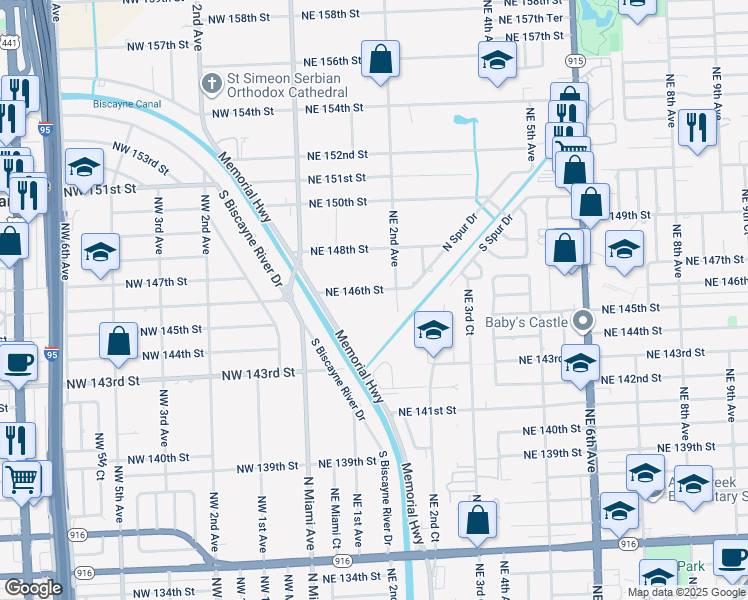 map of restaurants, bars, coffee shops, grocery stores, and more near 155 Northeast 146th Street in Miami