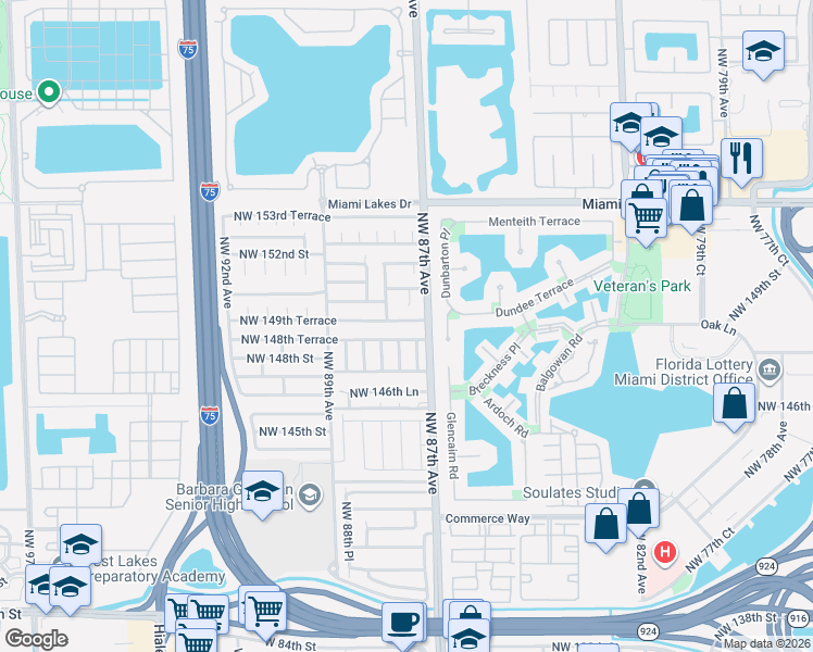 map of restaurants, bars, coffee shops, grocery stores, and more near 14975 Northwest 87th Court in Miami Lakes