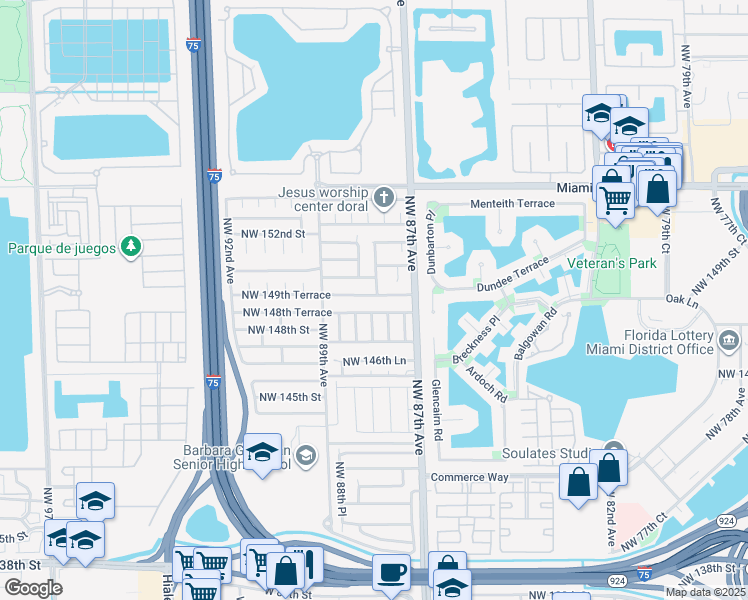 map of restaurants, bars, coffee shops, grocery stores, and more near 8760 Northwest 150th Street in Hialeah